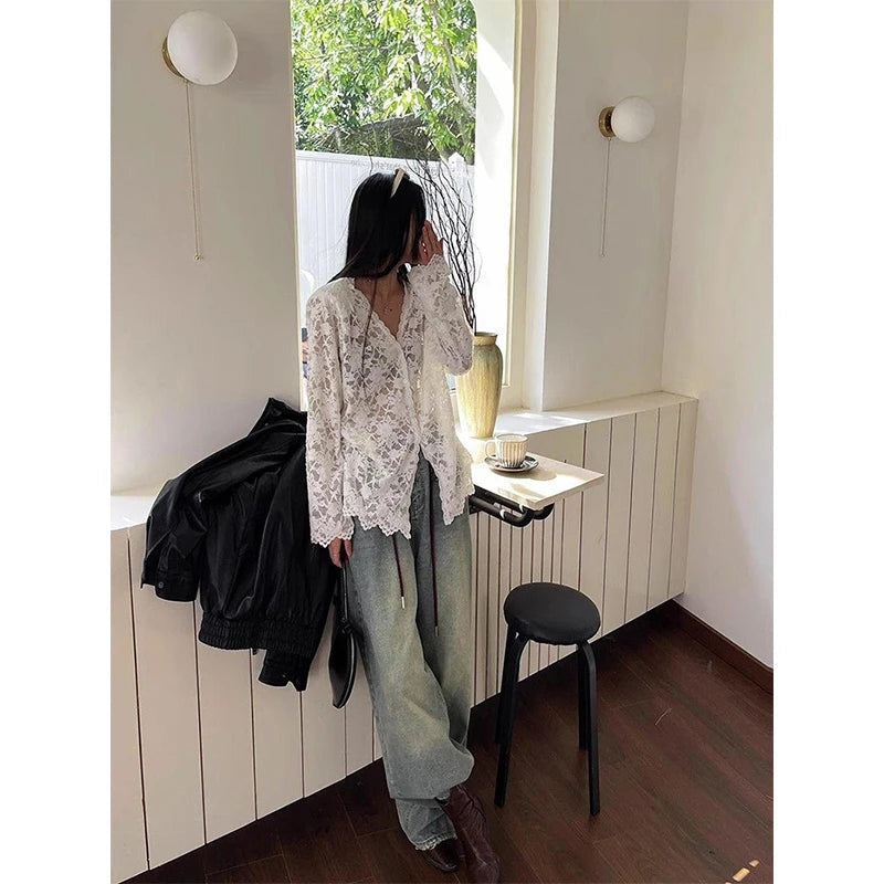 Y2k Lace Sheer Black Shirts Hollow Out White Blouses Korean Aesthetic Long Sleeve Sun Protection Tops