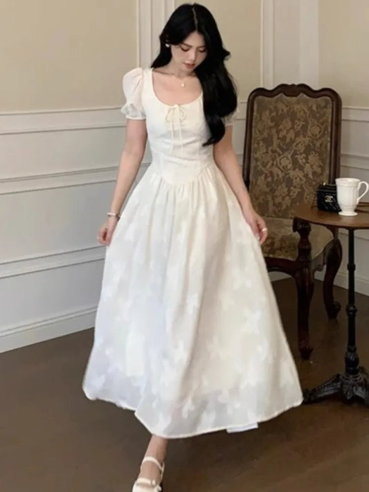 Midi Dresses for Summer New Puff Sleeve Square Collar A-line Birthday Party Dress Korean One Piece Vestido