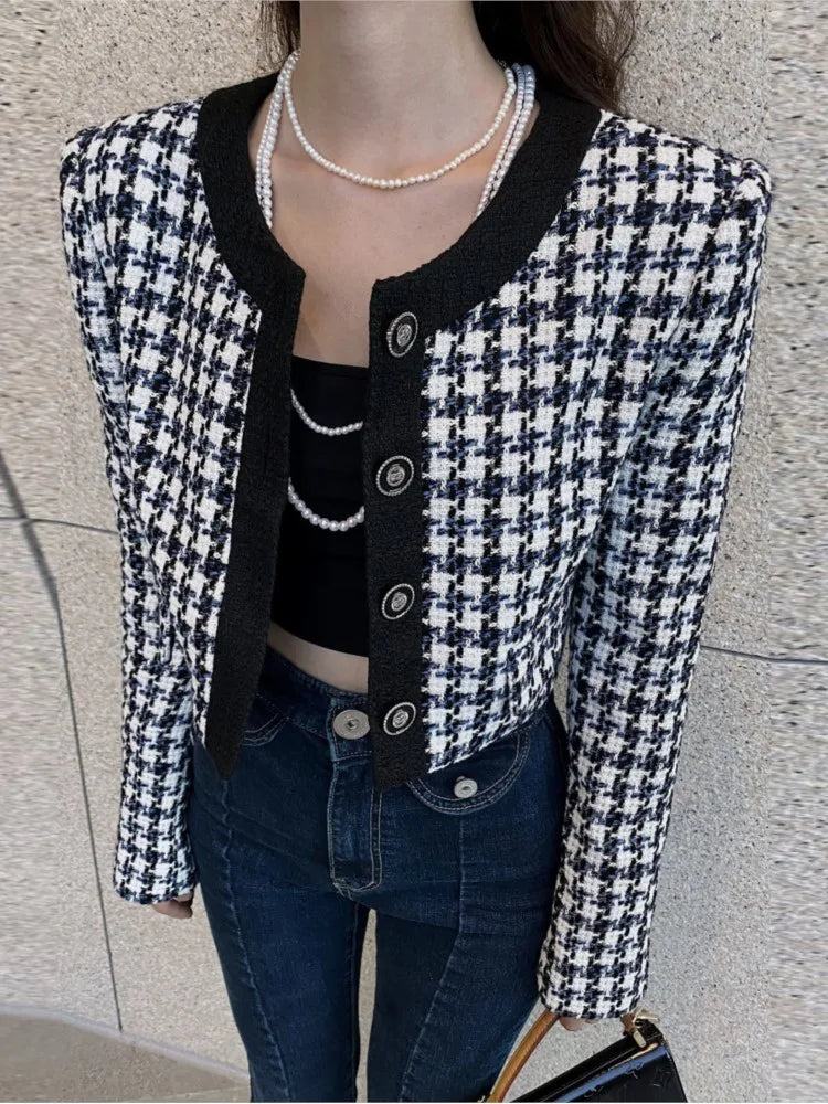 Cropped Jacket French Single Breasted Long Sleeve O-neck Top Autumn Y2k All-match Houndstooth Coats New