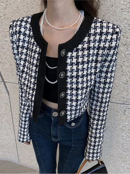 Cropped Jacket French Single Breasted Long Sleeve O-neck Top Autumn Y2k All-match Houndstooth Coats New