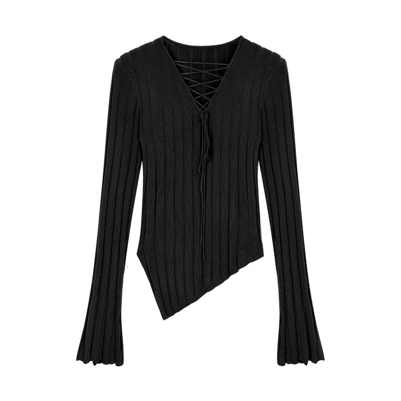 High Street Color Irregular Long Sleeve Sweater Spring New Vneck Laceup Slim Thread Knitted Tops