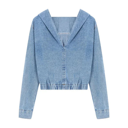 Winter New American Distressed Washed Loose Denim Hooded Longsleeved Tshirt + Straight Shorts Twopiece Suit