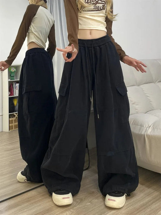 Baggy Cargo Pants Y2k Sweatpants Drawstring High Waist Pocket Patchwork Wide Leg Pants Oversize Trousers