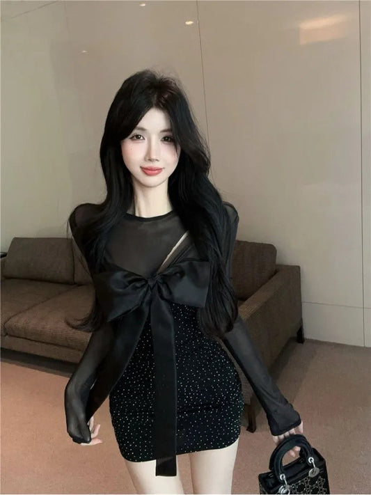 Mini Dresses Mesh Patchwork Bow Hollow Out Slim Shiny Long Sleeve Dress Party Club Female