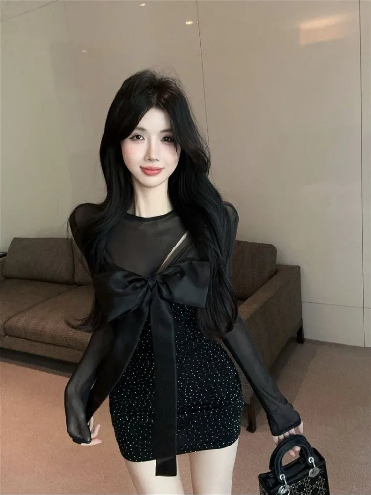 Mini Dresses Mesh Patchwork Bow Hollow Out Slim Shiny Long Sleeve Dress Party Club Female
