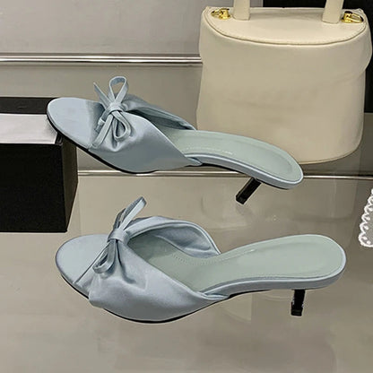 Summer Silk Butterfly Knot Slippers Sandals Shallow Open Toe Thin Low Heels Mules Slides Shoes Zapatos Mujer