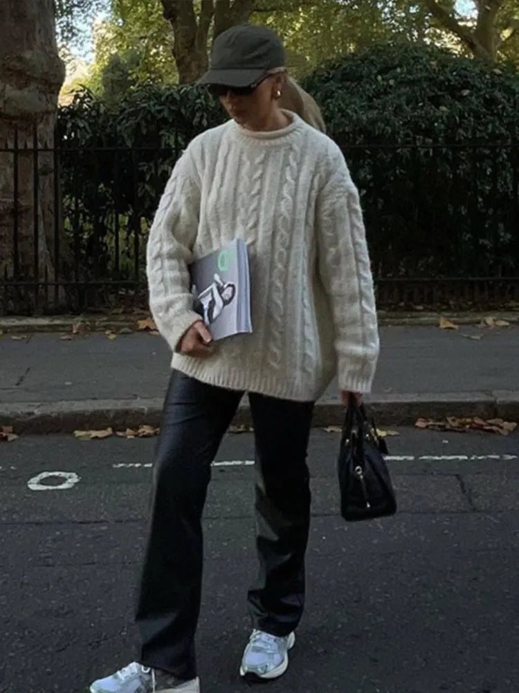 Knitted Long Sleeve Sweaters Loose White Half High Neck Pullover Sweater Female Autumn Simple High Street Tops