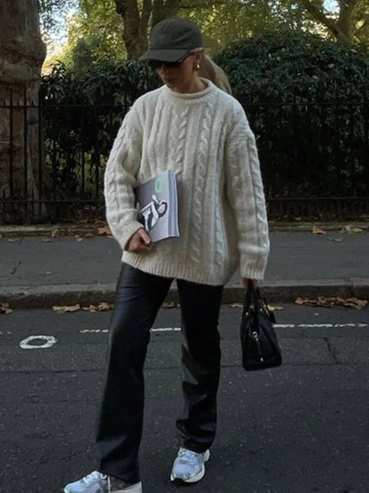 Knitted Long Sleeve Sweaters Loose White Half High Neck Pullover Sweater Female Autumn Simple High Street Tops