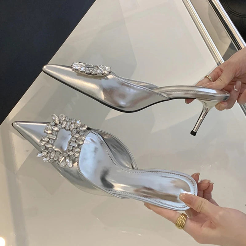 New Crystal Thin Heels Mules Slippers Pointed Toe Banquet Party Prom Shoes