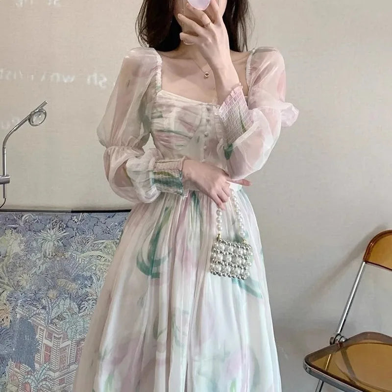 Chiffon Dresses Puff Sleeve Spring Summer Print Vestidos Mujer French Style Sweet Long Dress