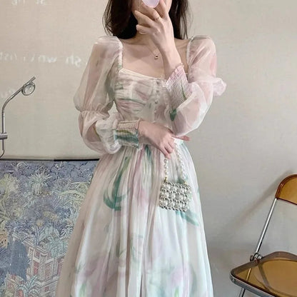 Chiffon Dresses Puff Sleeve Spring Summer Print Vestidos Mujer French Style Sweet Long Dress