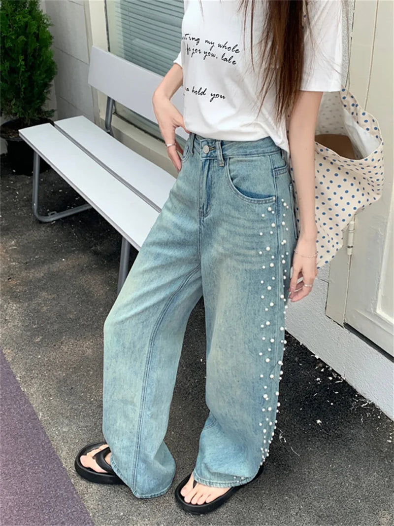 Summer Straight Jeans Pearls Wide Leg Mopping Light Washed High Waist New Denim Pants