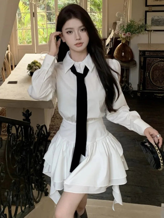 White Shirt Dresses Korean Preppy Style Long Sleeves Ruffle Party Mini Dress Slim Waist Vestidos Female Outfits