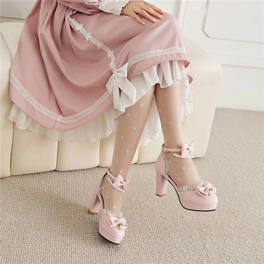 Ankle Strap Twopiece Lolita Pump Round Toe Platform Kawaii Thick High Heel Bow Buckle Bead Cosplay Shoes Autumn