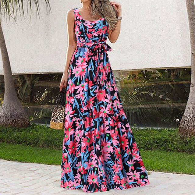 Summer Flower Print Sleeveless Long Dresses Vacation Style Dress O Neck High Waist Leace-up Maxi Vestidos