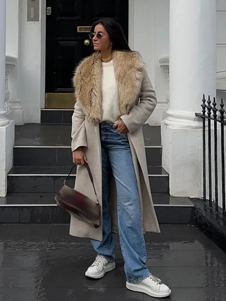Faux Fur Patchwork Collar Woolen Belts Coat Button Up Pocket Thicken Warm Outwear Female Winter Jacket