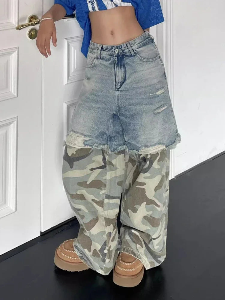 Camouflage Spliced Ripped Jeans for Hip Hop Y2k Baggy Wide Leg Denim Pants Trousers