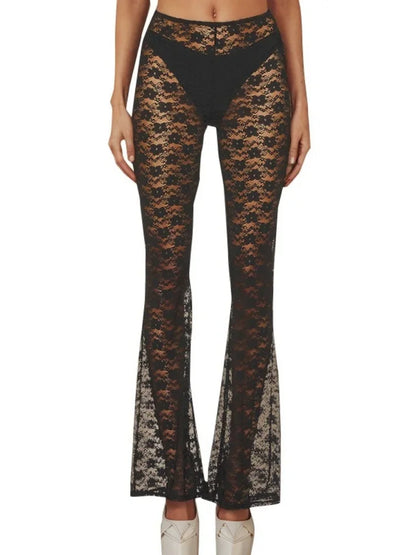 Long Micro Flare Y2k Pants Slim Fit Mesh Patchwork Pants High-waisted High-stretch