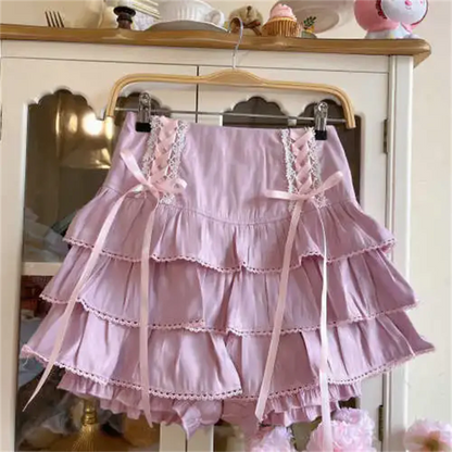 High Waist Bow Laceup Fairy Y2k Aesthetic Cake Mini Skirts Japanese Harajuku Kawaii Lace Pleated Skirts