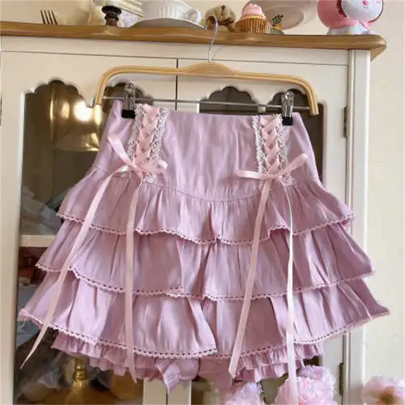 High Waist Bow Laceup Fairy Y2k Aesthetic Cake Mini Skirts Japanese Harajuku Kawaii Lace Pleated Skirts