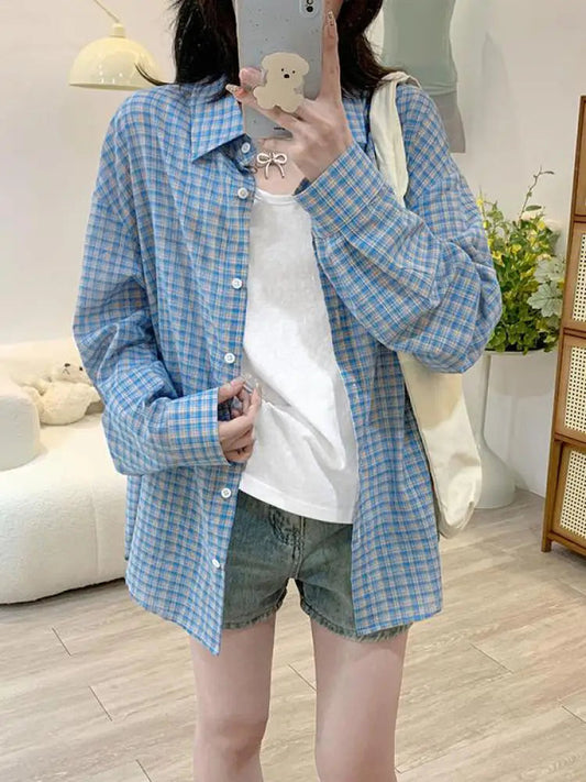 Korean Style Blue Plaid Single Breasted Shirt Spring Autumn Long Sleeve Loose Lapel Sunscreen Blouses