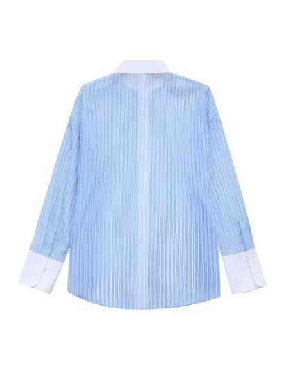 Spring Shirt Woman Blue Striped Lapel Long Sleeve Single Breasted Female Transparent Blouse