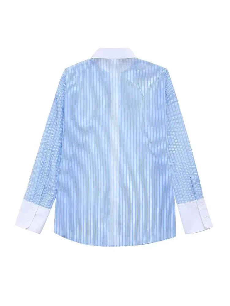 Spring Shirt Woman Blue Striped Lapel Long Sleeve Single Breasted Female Transparent Blouse
