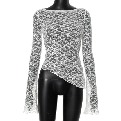 Lace Sheer T-shirt Cover-ups See Through Long Sleeve Asymmetrical Tees Shirt Mesh Crop Tops