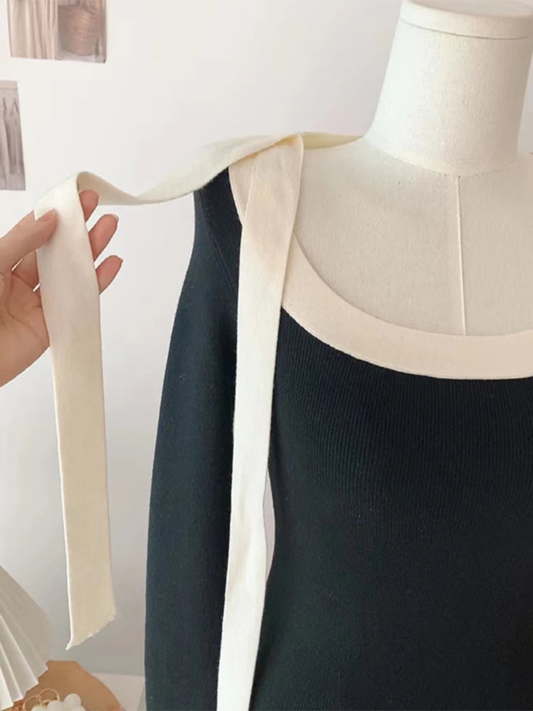 Tie Up Bow Decoration Slim Knitwear Autumn Winter Contrast Color Design Knitwear Female Uneck Sweater Style