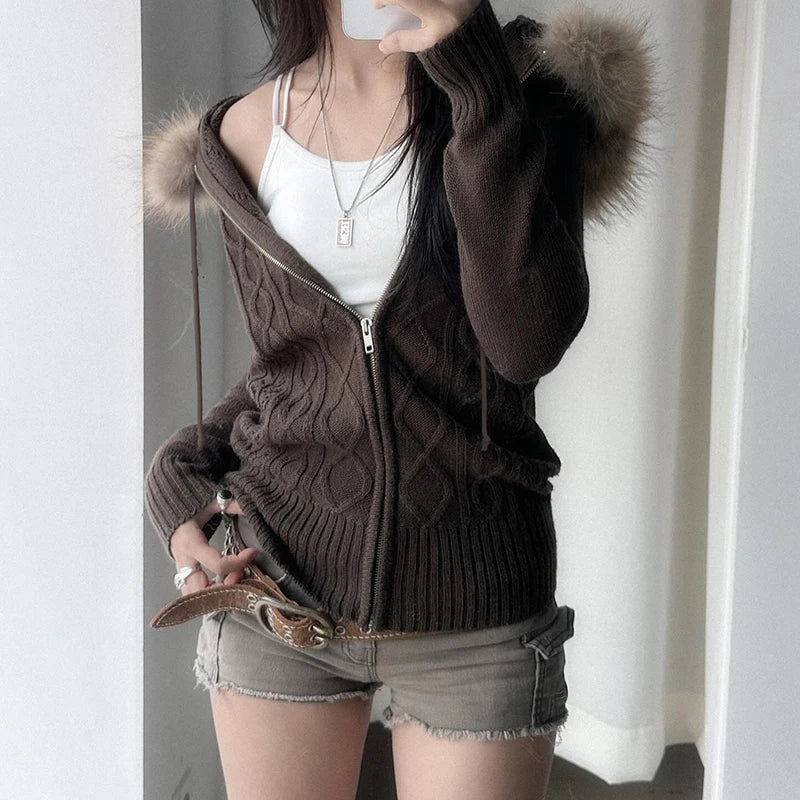 Fur Hooded Cardigan Fall Brown Knitted Zipper Coat Winter Street Outfits Korean Jacket 2000s