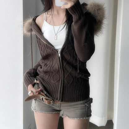 Fur Hooded Cardigan Fall Brown Knitted Zipper Coat Winter Street Outfits Korean Jacket 2000s
