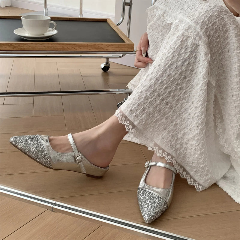Shoes Woman's Slippers Pointed Toe Slides Silver Cover Flat Scandals Bling Slippers Shoes Cover Toe S