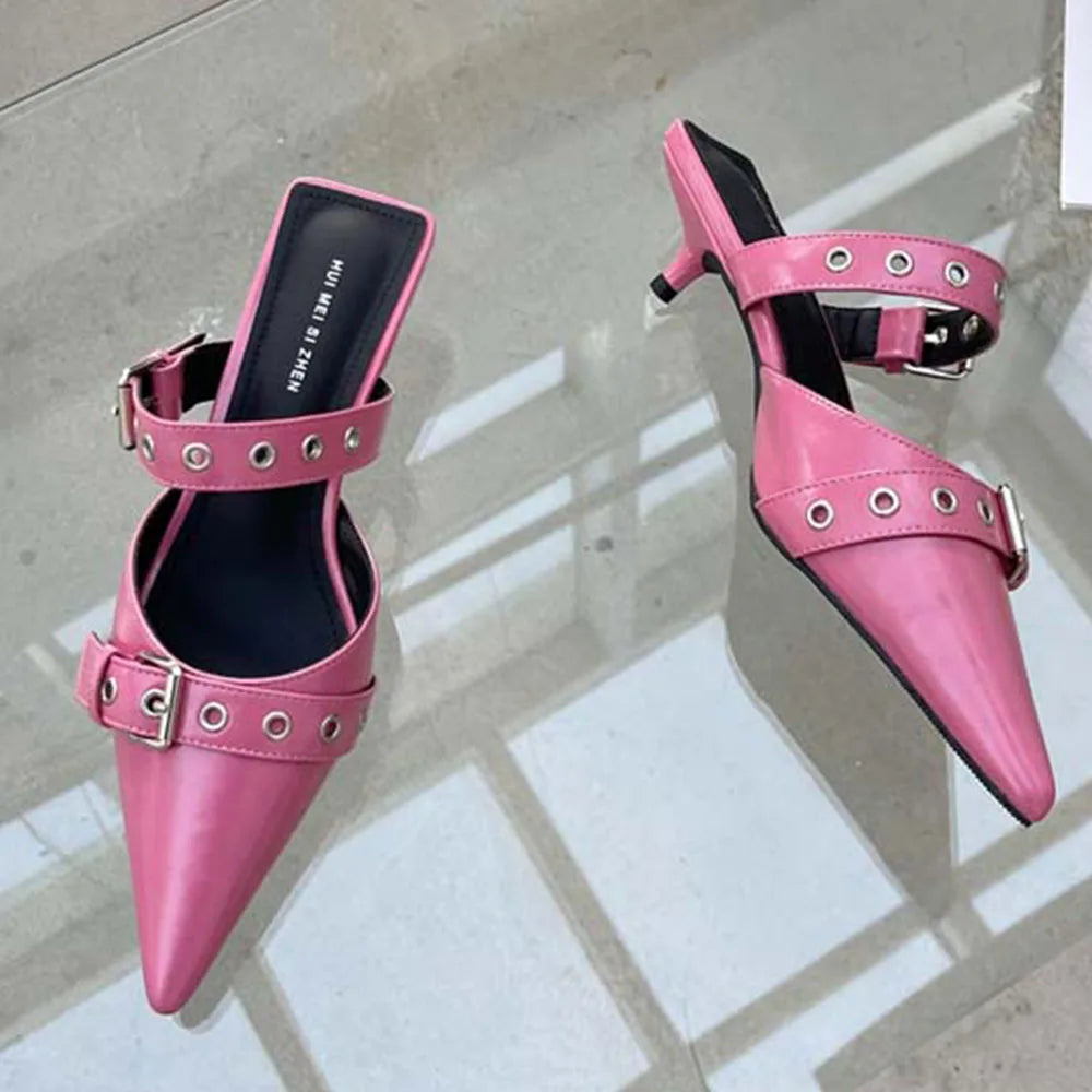 Pumps Belt Buckle Pointed Toe Black High Heel Mule Summer Slides Half Slipper Shoes for Big Size 43