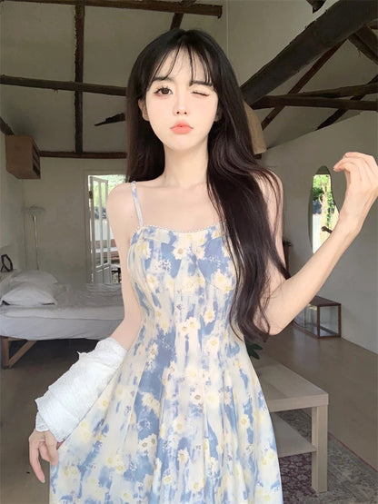 Summer Spaghetti Strap Long Dresses Prints French Midi Dress Stylish Partywear Sleeveless Ropa Mujer