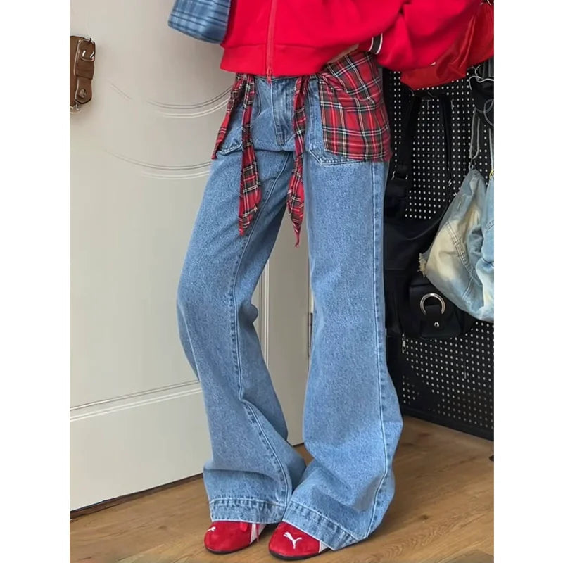 Taivimart - Y2k Blue Jeans for High Waist American Street Wide Leg Pants Hip Hop Straight Autumn Trousers