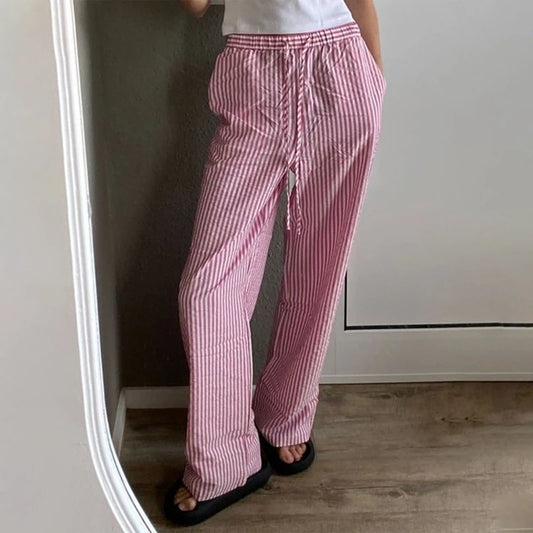 Striped Wide Leg Pants Korean Drawstring High Waist Loose Straight Long Trousers Loungewear