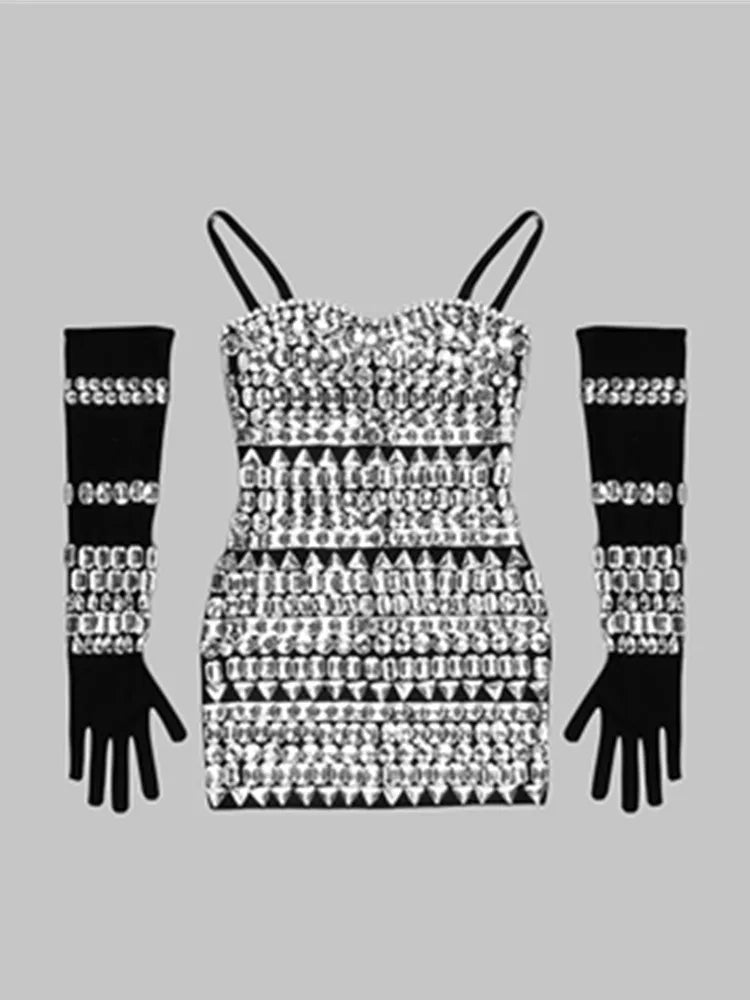 New Guest Wedding Party Dress Beading Long Sleeve Black With Golves Bodycon Bandage Slim Midi Dress New