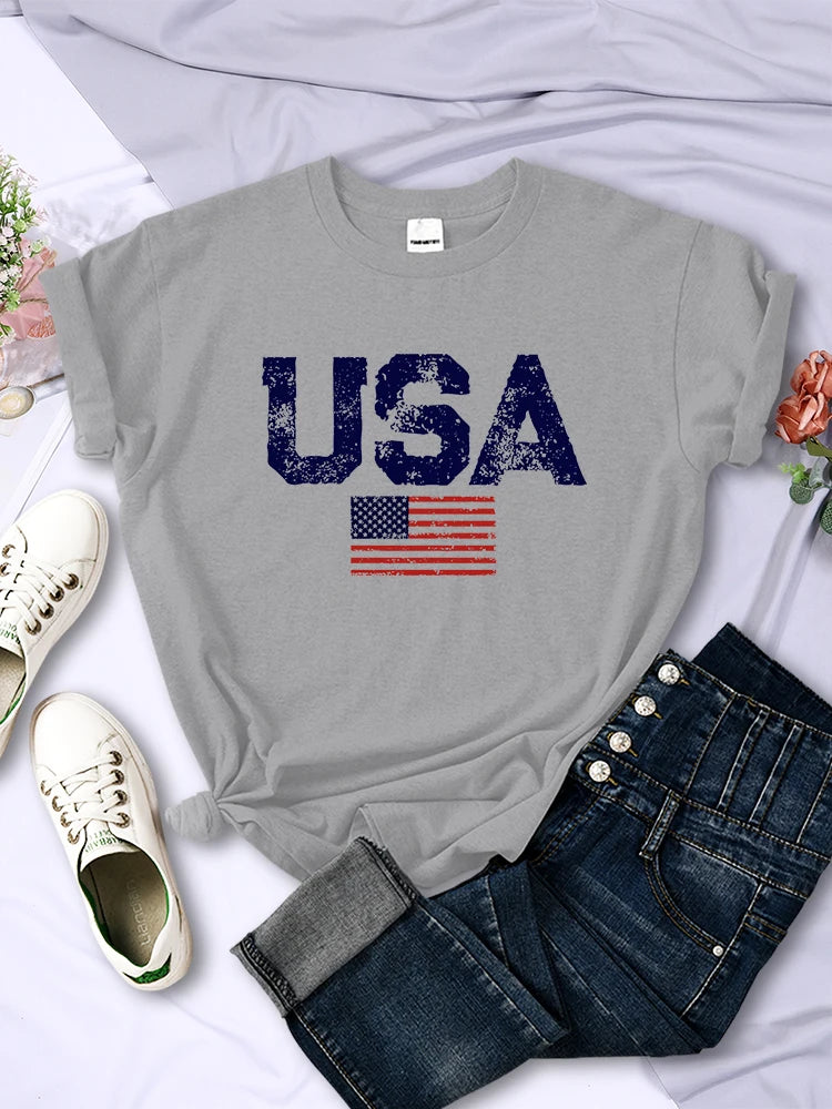 Usa Letters American Flag Stars and Stripes Printed T-shirts Street Hip Hop Tee Clothing Summer Breathable Tshirt Female