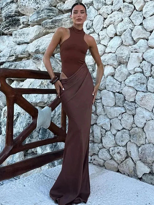 Satin Hollow Out Black Maxi Dress