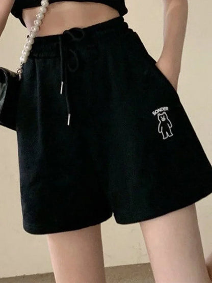 Loose Shorts Pants for Summer Clothes Bear Printed Ropa De Mujer Elastic High Waist Trousers