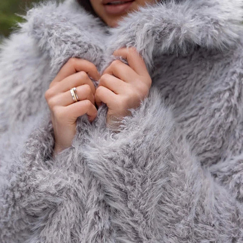 Winter Exclusive Lapel Collar Long Teddy Jacket Coat Brand Cozy Padded Faux Fur Coats Outerwear