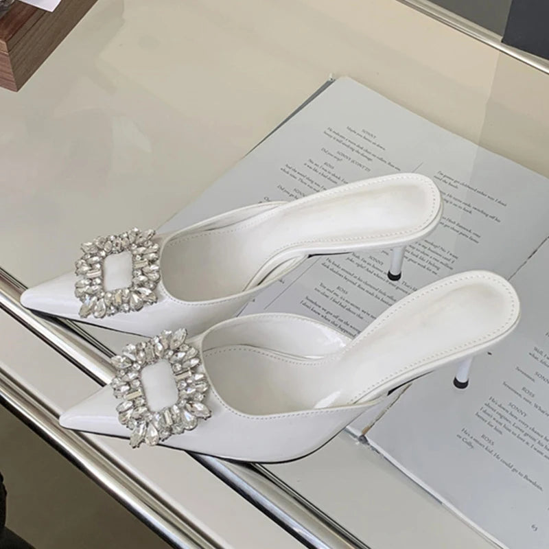 New Crystal Thin Heels Mules Slippers Pointed Toe Banquet Party Prom Shoes