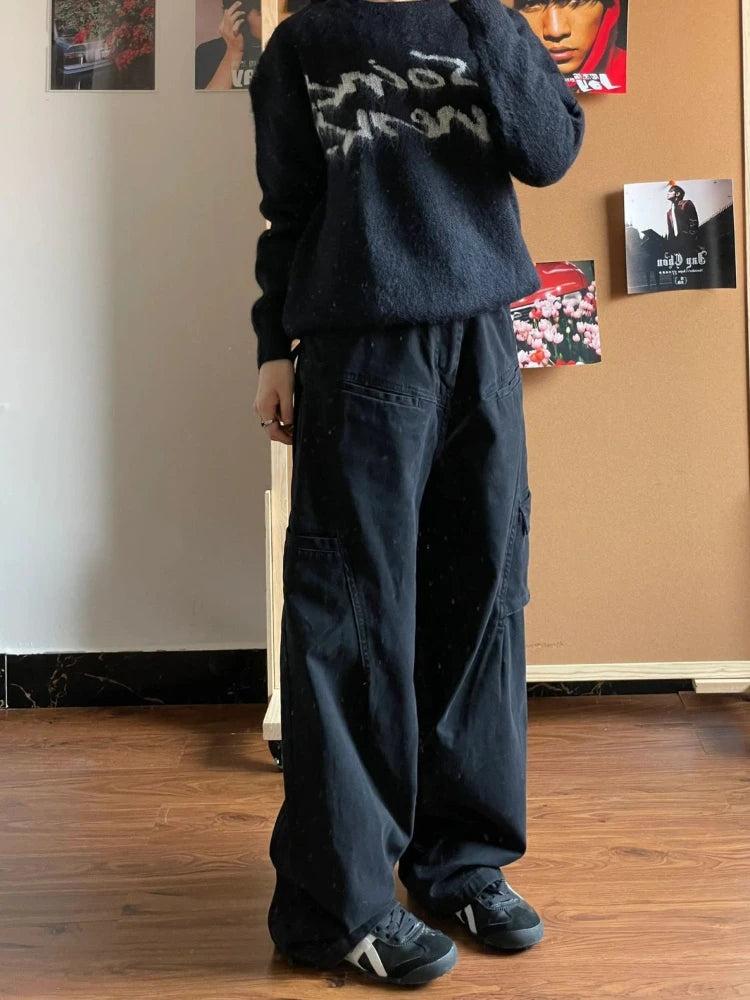 Boyfriend Jeans for Baggy Balck Wide Leg Denim Trousers Harajuku Causal Straight Cowgirl Pants