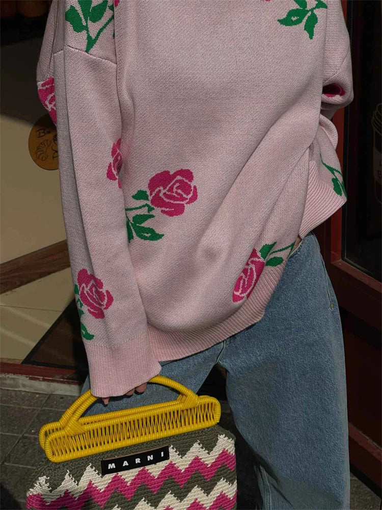 Autumn Knit Sweater Pullover ’s Printed Long Sleeve High Waist Ribbed Loose Knitwear Top Female Sweater