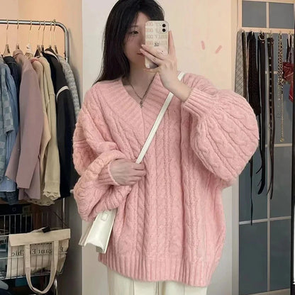 Autumn Winter Sweater Harajuku Oversized Knitted Pullovers Korean Long Sleeve V Neck Knitwear Preppy Loose Jumper