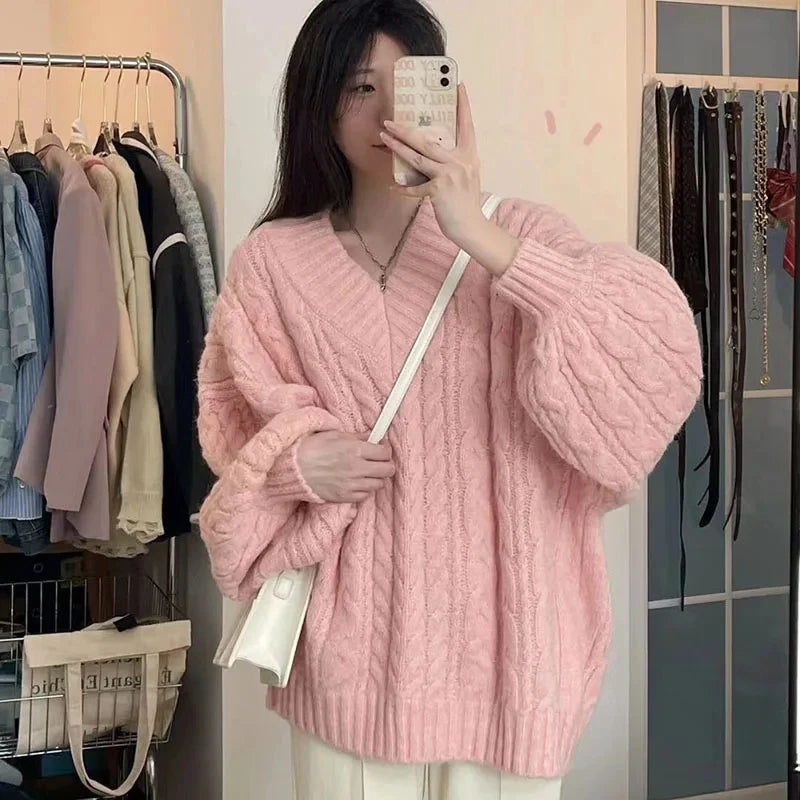 Autumn Winter Sweater Harajuku Oversized Knitted Pullovers Korean Long Sleeve V Neck Knitwear Preppy Loose Jumper