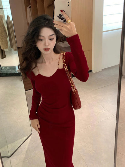 Chain Square Neck Long Sleeves Midi Dresses Spring New French Bodycon Evening Party Female Clothing