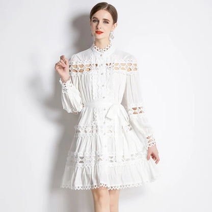 Stand Collar Single Breasted Dresses New Spring Hollow Out Embroidery Lace Trims White Mini Dress