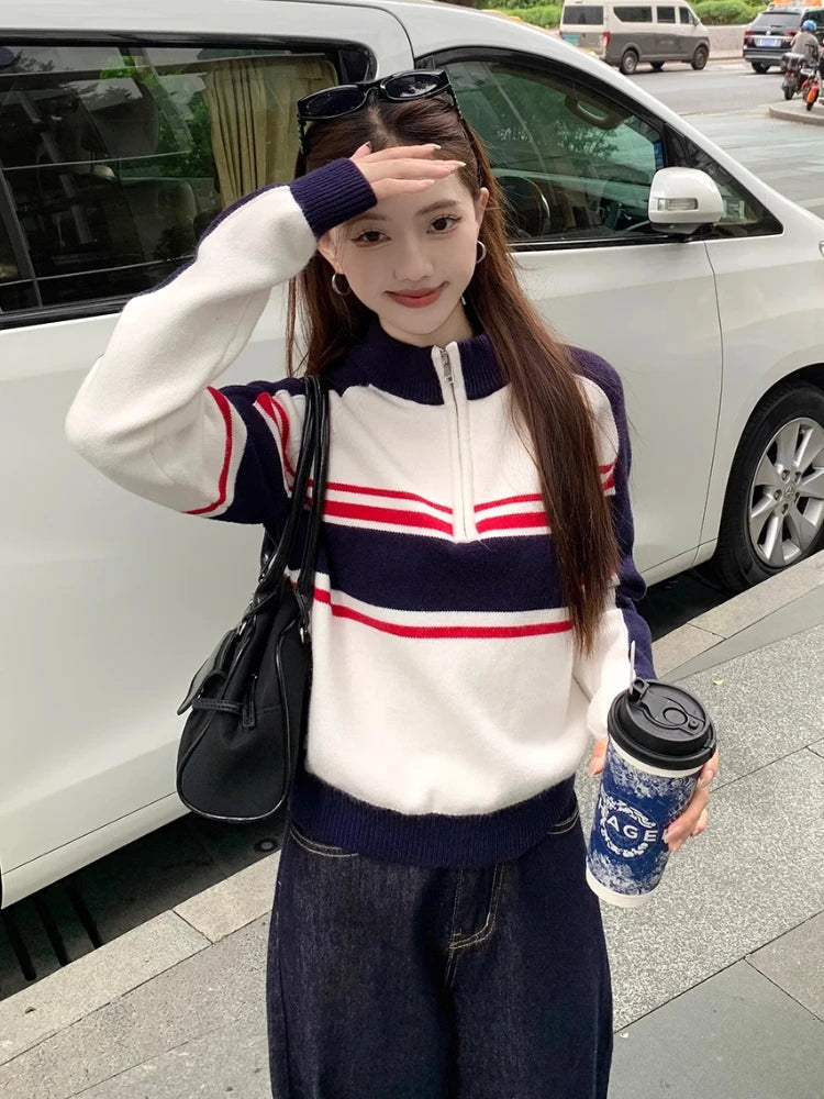 American Retro Striped Sweater Half Zipper Knitwear Pullovers Oversized Raglan Sleeve Winter Clothes