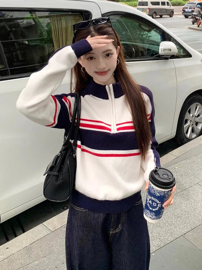 American Retro Striped Sweater Half Zipper Knitwear Pullovers Oversized Raglan Sleeve Winter Clothes